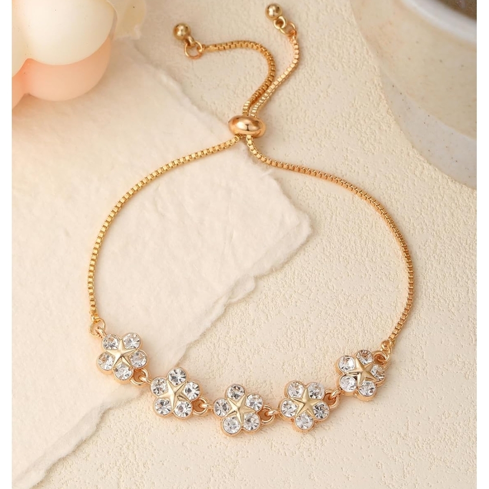 Gold Adjustable Floral Pearl Chain Bracelet With Sparkling Zirconia Stones